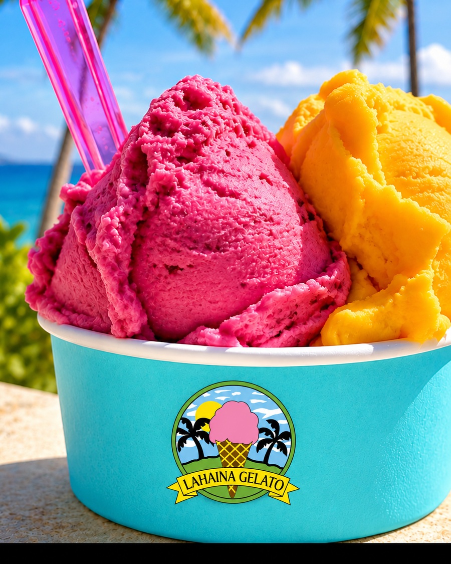 Bright pink and mango gelato served in a turquoise cup