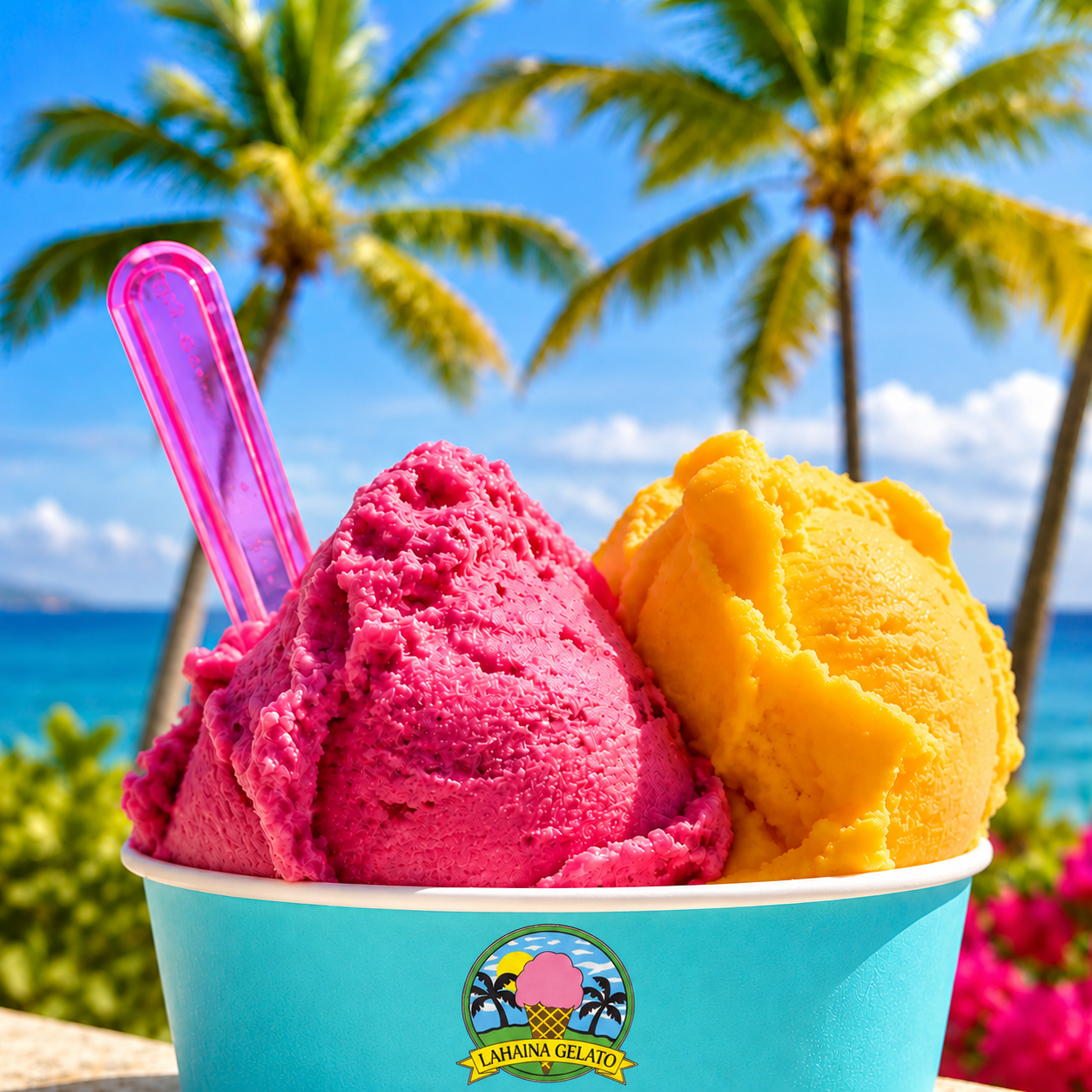 Two scoops of gelato, deep pink and mango, in a turquoise cup with palms and the ocean behind